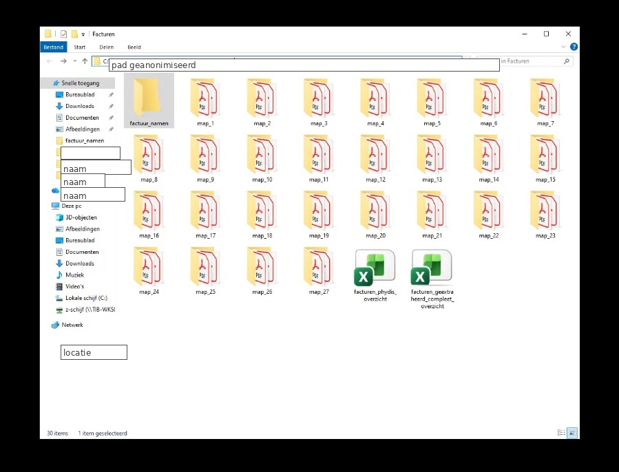 Geanonimiseerde mappenstructuur: facturen netjes verdeeld over map_1 t/m map_27 met bijbehorende Excel-overzichten