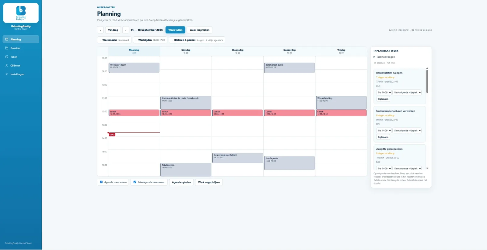 Planning: weekrooster met priv&eacute;- en bedrijfsafspraken